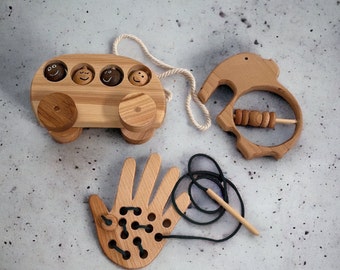 Wooden Toy Set - Wooden Pull Along Toy, Lacing Toy, Wooden Rattle - Montessori Toys, Educational Toys, Gift for Toddlers