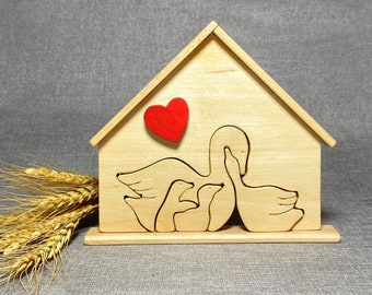 Wooden Animal Family Puzzle with Red Heart, Montessori Wooden toys, Wooden Swan Gift for Her, Mothers Day Gift