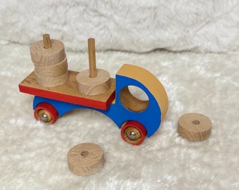 Petite voiture en bois, Voiture avec blocs de construction, Mini camion-jouet en bois avec blocs empilables, Voiture à pousser pour enfants | Cadeau pour garçon | Cadeau pour tout-petit