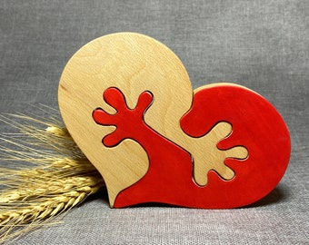 Wooden Heart Gift Puzzle, Red Heart, Handmade Wooden Hearts, Home Wood Décor