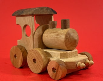 Houten treinlocomotief, trekspeelgoedtrein