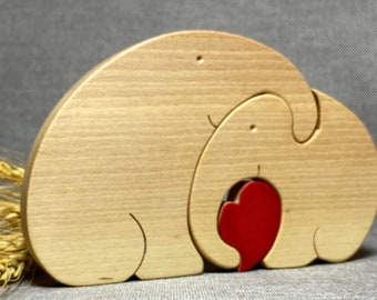 Wooden Elephant Family Valentines Day Gift, Toy Wood Animals Puzzle, Elephant Toy for Toddlers, Animals Family With Wooden Heart