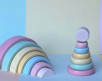 Pastel Rainbow and Pyramid Stacking Rings - Montessori Wooden Toys - Christmas Gift for Toddlers, Birthday Gift