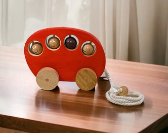 Wooden Pull Along Toy, Handmade Wooden Red Bus, Gift for Toddlers (12+ Months)