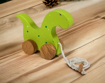 Wooden Pull Along Dinosaur Toy for Toddlers | Gift for 12+ Months Babies | Handcrafted Educational and Learning Toy | Interactive & Fun