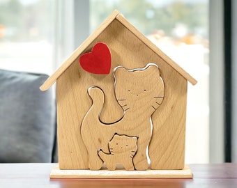 Adorable Wooden Cat with Kitten - Fun and Educational Puzzle Toy for Little Kids - Perfect Gift for Moms and Cat Lovers - Toddlers Toy