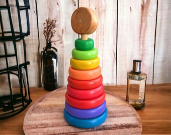 Wooden Rainbow Pyramid Stacking Rings - Montessori-inspired Gift for Toddlers and Kids - Nursery Decor