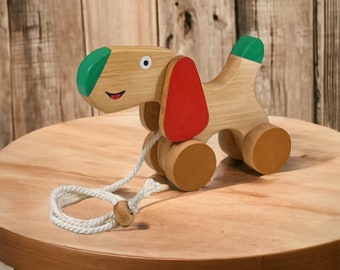 Adorable perro de juguete de madera para tirar/juguete ecológico para niños pequeños para empujar y tirar/regalo perfecto para el primer cumpleaños/juguete seguro y duradero para niños