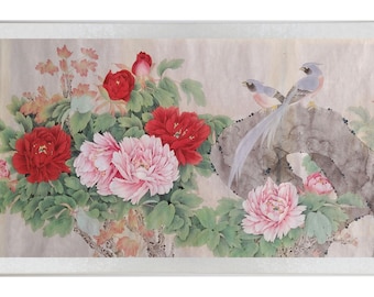 Original Gongbi Painting Peony & Flycatcher Collection | Choose Red or White Bird | Chinese Silk Art | Wealth Longevity Blessing