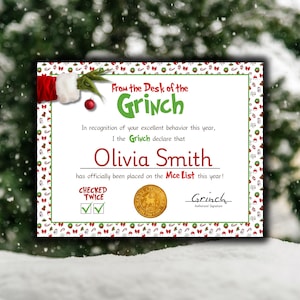 Certificato di lista dei buoni Grinch MODIFICABILE, lettera ufficiale del Grinch, lettera del Grinch stampabile, lettera del Grinch, fai da te di Natale del Grinch