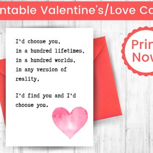 Tarjeta de San Valentín imprimible, tarjeta de aniversario imprimible, tarjeta de San Valentín para él, tarjeta de San Valentín para ella, tarjeta "Te elegiría a ti", tarjeta de amor