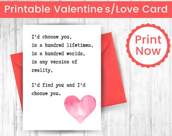 Printable Valentine Card, Printable Anniversary Card, Valentine Card for Him, Valentine Card for Her, I'd Choose You Card, Love Card