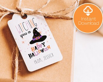 Printable Witching You a Happy Halloween Gift Tag, Happy Halloween Treat Bag Tag, Halloween Party Favor Tag, Instant Download, Editable, DIY