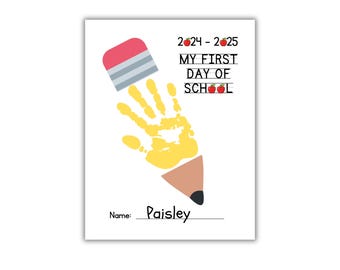 May include: A printable first day of school sign with a yellow handprint shaped like a pencil, a red and gray eraser, and the text "2024-2025 My First Day of School".