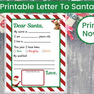 Carta imprimible a Santa, Carta a Santa, Carta de Santa, Carta de niños a Santa, Lista de deseos de Santa, Carta de Santa Claus, Carta a Santa Claus