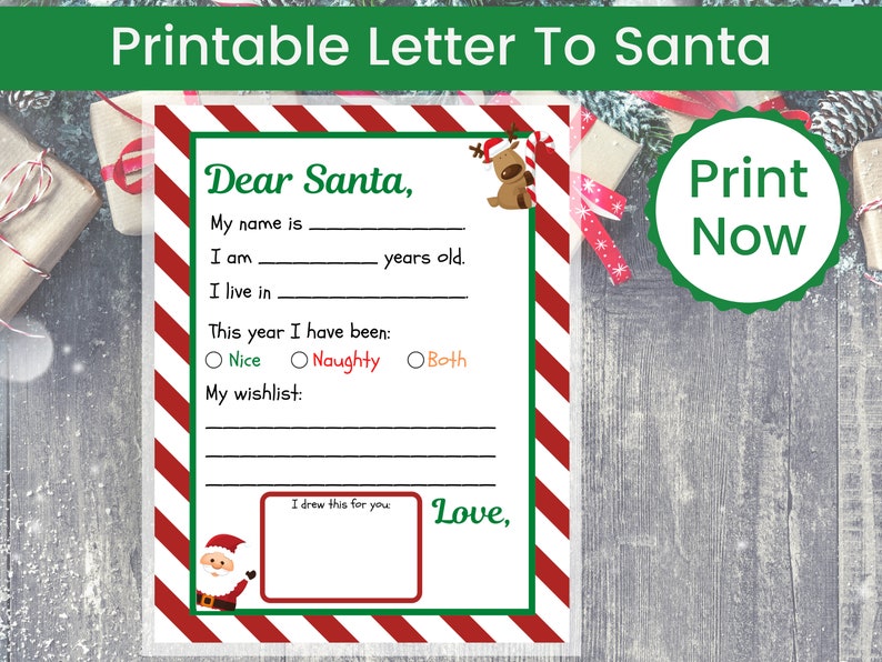 Puede incluir: Carta imprimible a Pap&aacute; Noel con borde de rayas rojas y blancas. La carta incluye l&iacute;neas para el nombre, la edad, la direcci&oacute;n del ni&ntilde;o y una secci&oacute;n para describir si ha sido bueno o malo. Tambi&eacute;n hay espacio para que el ni&ntilde;o dibuje un dibujo para Pap&aacute; Noel.