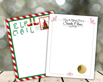 Può includere: Due fogli di carta da lettere stampabili a tema natalizio. Il primo foglio ha un bordo a strisce rosso e verde con le parole "Elf Mail" in lettere verdi. Il secondo foglio ha un bordo rosso e le parole "From the Official Desk of Santa Claus" in corsivo nero.