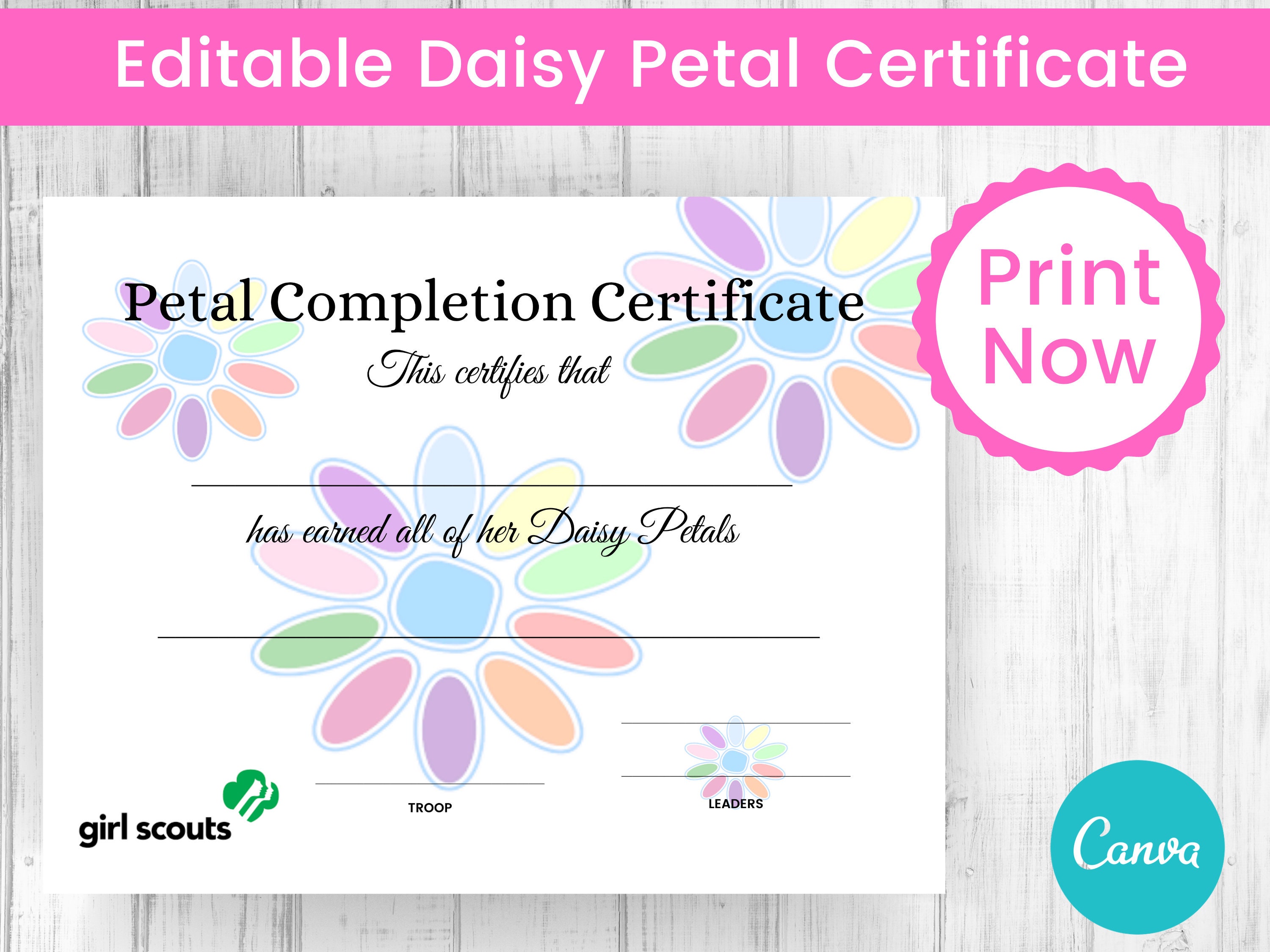 Girl Scout Daisy Petal Completion Certificate Printable - Etsy
