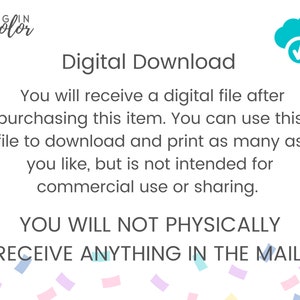 Puede incluir: Texto sobre un fondo blanco con un icono de nube azul y una flecha hacia abajo. El texto dice "Descarga digital" y "Recibir&aacute;s un archivo digital despu&eacute;s de comprar este art&iacute;culo. Puedes usar este archivo para descargar e imprimir tantas veces como quieras, pero no est&aacute; destinado a uso comercial o para compartir. NO RECIBIR&Aacute;S NADA F&Iacute;SICAMENTE POR CORREO."