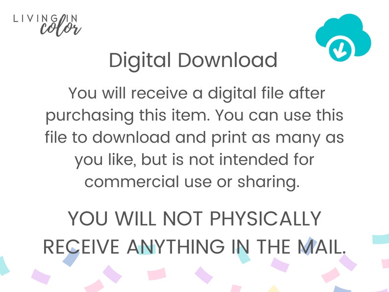 Puede incluir: Texto sobre un fondo blanco con un icono de nube azul y una flecha hacia abajo. El texto dice "Descarga digital" y "Recibir&aacute;s un archivo digital despu&eacute;s de comprar este art&iacute;culo. Puedes usar este archivo para descargar e imprimir tantas veces como quieras, pero no est&aacute; destinado a uso comercial o para compartir. NO RECIBIR&Aacute;S NADA F&Iacute;SICAMENTE POR CORREO."