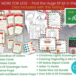 Puede incluir: Una colecci&oacute;n de actividades imprimibles con tem&aacute;tica de elfos navide&ntilde;os, que incluyen p&aacute;ginas para colorear, b&uacute;squedas del tesoro, tarjetas de notas y juegos. La imagen tambi&eacute;n incluye una plantilla de carta a Pap&aacute; Noel, un certificado de la lista de buenos de Pap&aacute; Noel y una advertencia de la lista de traviesos de Pap&aacute; Noel. El texto "WANT MORE FOR LESS - Find the Huge Elf kit in the shop (Not included with this listing)" est&aacute; en la parte superior de la imagen. El texto "ON SALE in the shop" est&aacute; en la esquina superior derecha de la imagen. El texto "Canva" est&aacute; en la esquina inferior derecha de la imagen.
