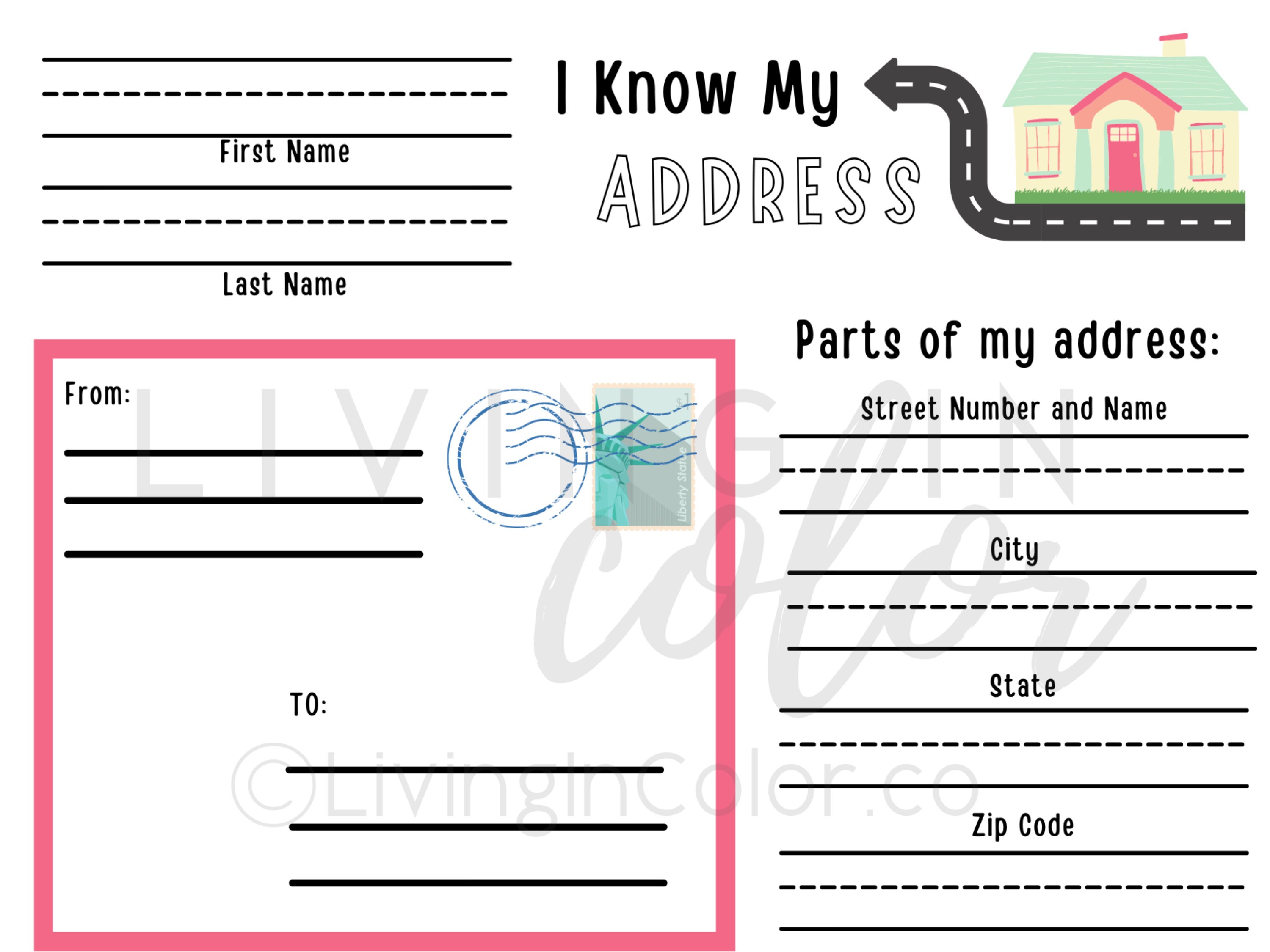 preschool activity address practice homeschool printable