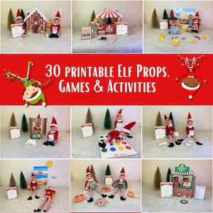 Può includere: Una collezione di 30 accessori, giochi e attività di elfi stampabili per Natale. L'immagine mostra vari accessori di elfi, tra cui una casetta di pan di zenzero, una tenda da circo, un tabellone di gioco e una varietà di altri accessori.