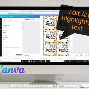 May include: A computer screen showing a Canva design with six printable Halloween gift tags. The tags feature a white ghost with black eyes and a black and orange checked background. The text on the tags reads "Thanks for being so Spook Tacular".