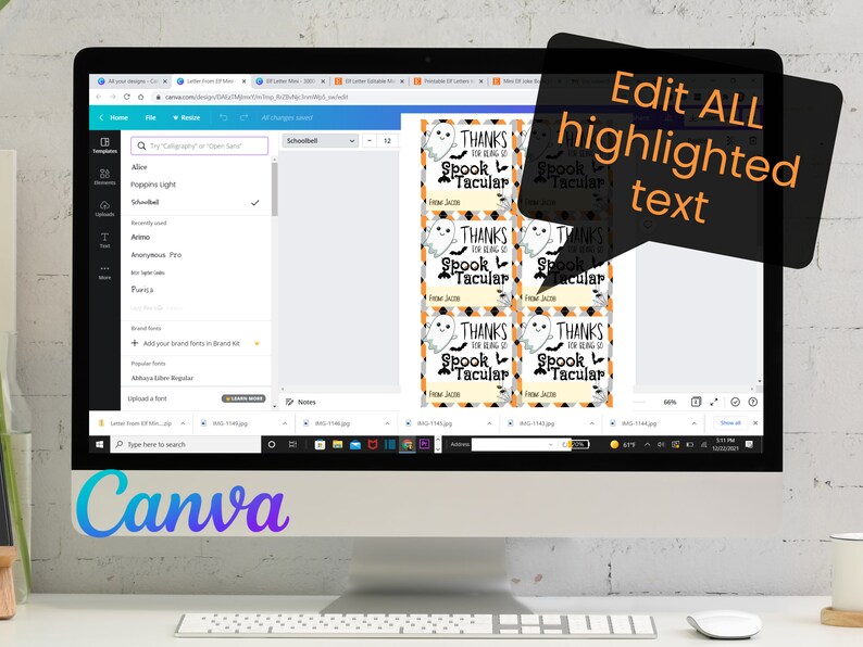 May include: A computer screen showing a Canva design with six printable Halloween gift tags. The tags feature a white ghost with black eyes and a black and orange checked background. The text on the tags reads "Thanks for being so Spook Tacular".