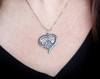 Heart with paw print Custom Cremation Memorial Necklace made with pet ashes. Make paw print any color!