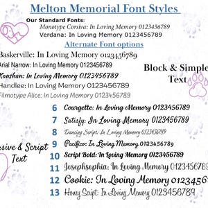 Puede incluir: Una lista de estilos de fuente para proyectos conmemorativos, que incluye opciones est&aacute;ndar y alternativas. La lista incluye nombres de fuente como Baskerville, Kaushan y Cookie, con el texto "In Loving Memory 0123456789" junto a cada nombre de fuente.