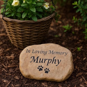 May include: A tan stone memorial with the words "In Loving Memory Murphy" and two paw prints. A hanging basket of yellow and white flowers is in the background.