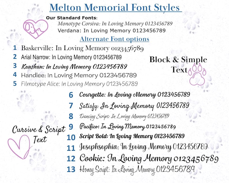 Heart shaped pet memorial stone font list