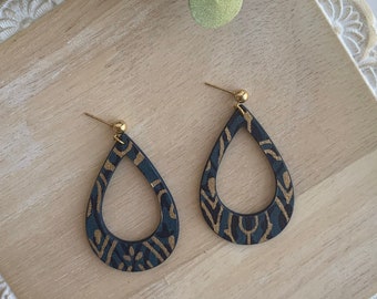 Navy und Gold Decoupage Holz Offene Tropfen Ohrringe mit goldenen Ohrsteckern