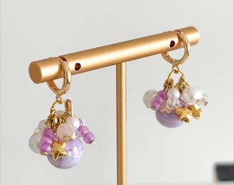 Handmade Purple Dangle Earrings: Resin Marble, Pearl, Gold Charm