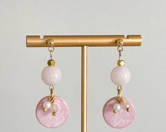Handmade Pink Floral Resin Dangle Earrings: Gold Pearl Jewelry