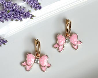 Handmade Pink Bow Hoop Earrings: Gold Plated Rhinestone Kawaii Jewelry