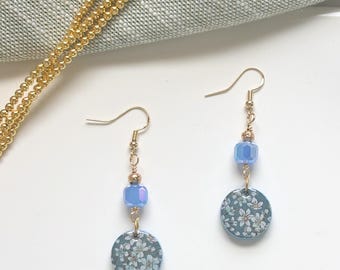 Blue Floral Drop Earrings – Lightweight Dangle Earrings with Beaded Accent, Handmade Boho Jewelry