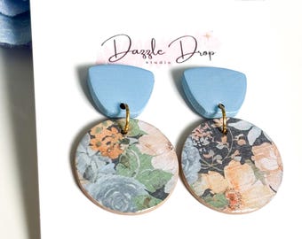 Handmade Floral Resin Dangle Earrings: 18k Gold-Plated Studs
