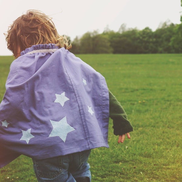 Magical Cape in Lilac cotton with denim stars | Upcycled pre-loved fabric | Girls and Boys