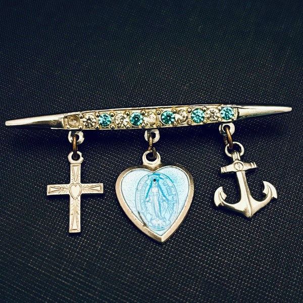Vintage Faith Hope Charity Brooch, Religious Dangle Charms, Blue Rhinestone Silver Tone Metal Catholic Lapel Pin, Miraculous Medal Cross