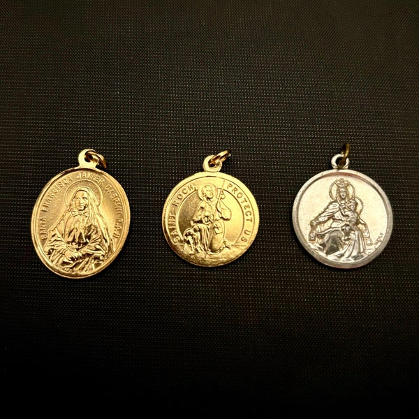 Vintage Religious Medals, Choose Mother Cabrini, Saint Roch, Our Lady of Mount Carmel, Gold-Tone /Silver-Tone Metal Catholic Prayer Pendant