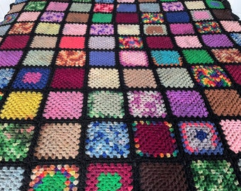 Vintage Crochet Wool Blanket, Not Perfect End of Day Granny Square 60" x 58", Handmade Bed Cover, Cozy Outdoor Social Throw, Colorful Afghan