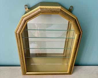 1980s Small Wall Mount Cabinet, Gold-tone Curio w/ Glass Shelves and Mirrored Interior