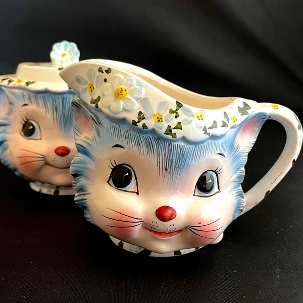 Vintage Lefton's "Miss Priss" NOS Ceramic Creamer or Sugar Bowl, Mid Century Collectible Art Pottery, High Gloss Adorable Blue Kitty 1508