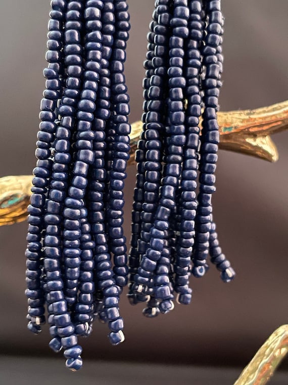 Vintage Navy Seed Bead Tassel Earrings: Gold-tone, Dangle Fringe