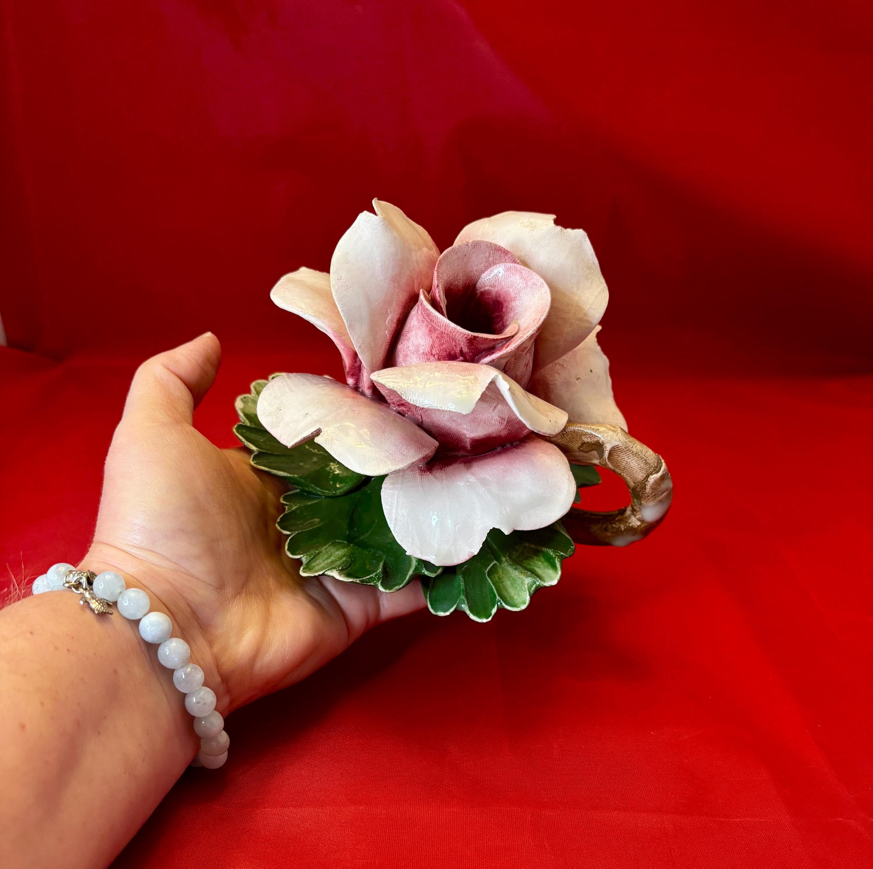 Vintage Nuova Capodimonte Ceramic Rose Candle Holder: Hand-painted