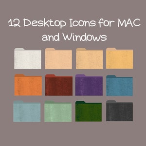 May include: Twelve folder icons for Mac and Windows computers. The icons are in various colours, including white, beige, yellow, orange, red, purple, blue, green, and grey.