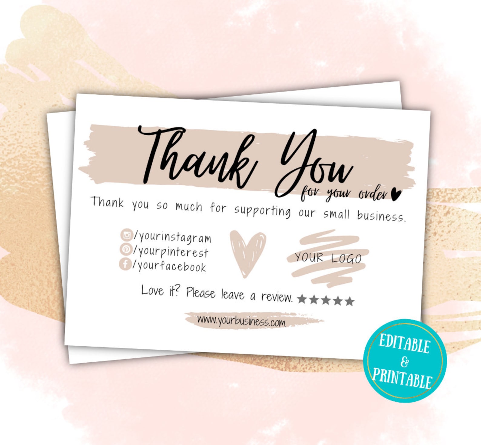 Printable Thank You Card For Small Business Add Logo Thank Etsy