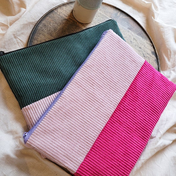 two-tone corduroy laptop bag, pink + emerald green, 13 / 14 inches, lightly lined & zipper, handmade laptop case as a gift